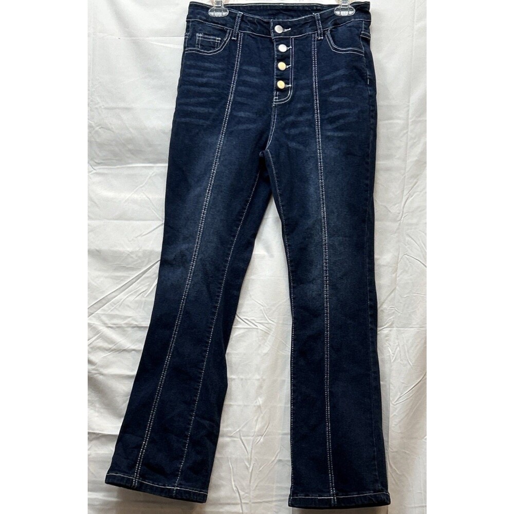 Women’s Size L Dark Wash High Rise Flare Jeans Button Fly Contrast Stitch